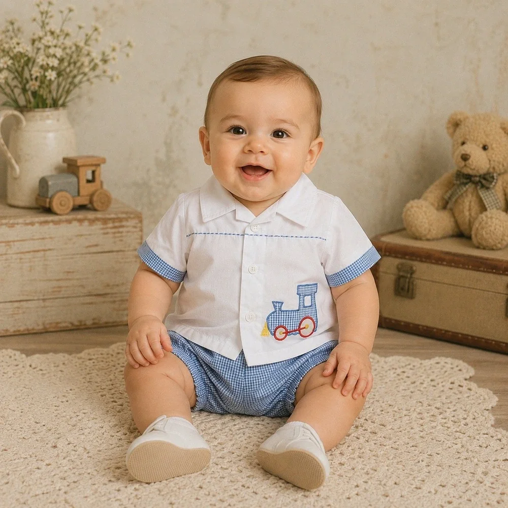 Vintage Cradle Togs Baby Boy Gingham Train Shirt & Bloomers Set 0-6M NWT
